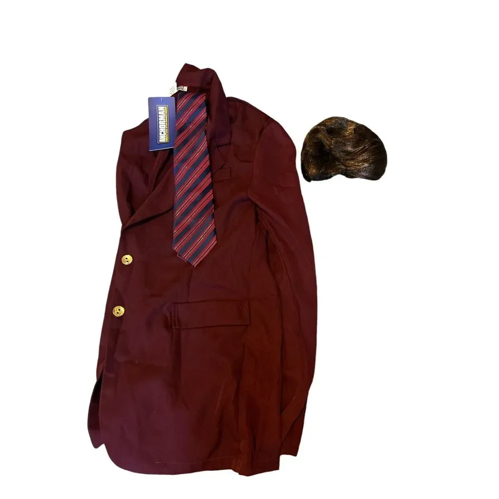 Adult Authentic Ron Burgundy Anchorman Costume No Pants Cosplay Wig Tie Mustache